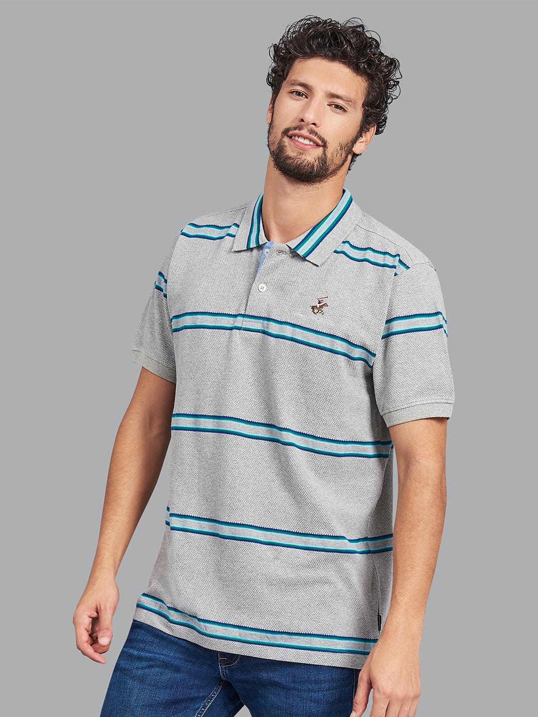 beverly hills polo club men grey & blue striped cotton polo collar t-shirt