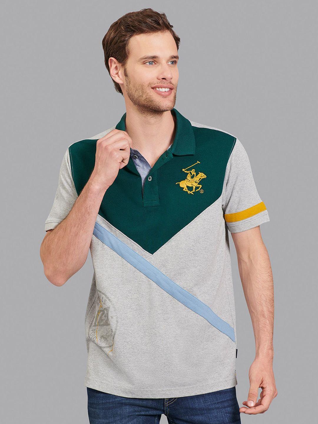 beverly hills polo club men grey & green colourblocked polo collar t-shirt
