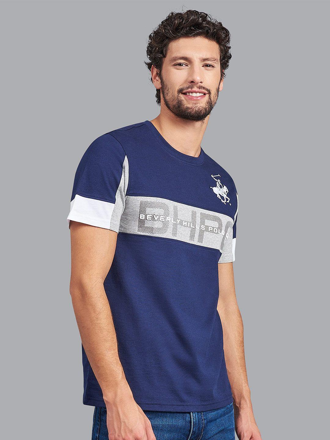 beverly hills polo club men navy blue & grey typography printed cotton t-shirt