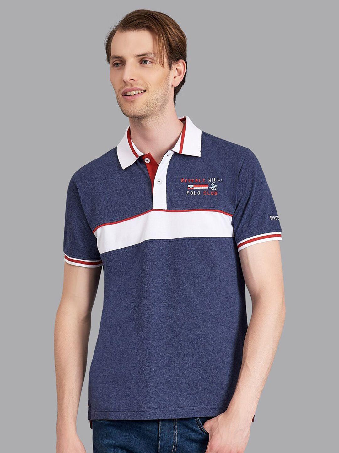 beverly hills polo club men navy blue & white colourblocked polo collar t-shirt