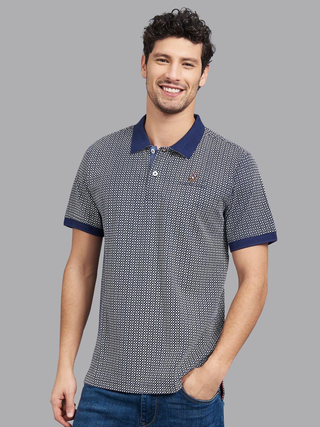 beverly hills polo club men navy blue & white printed polo collar cotton t-shirt