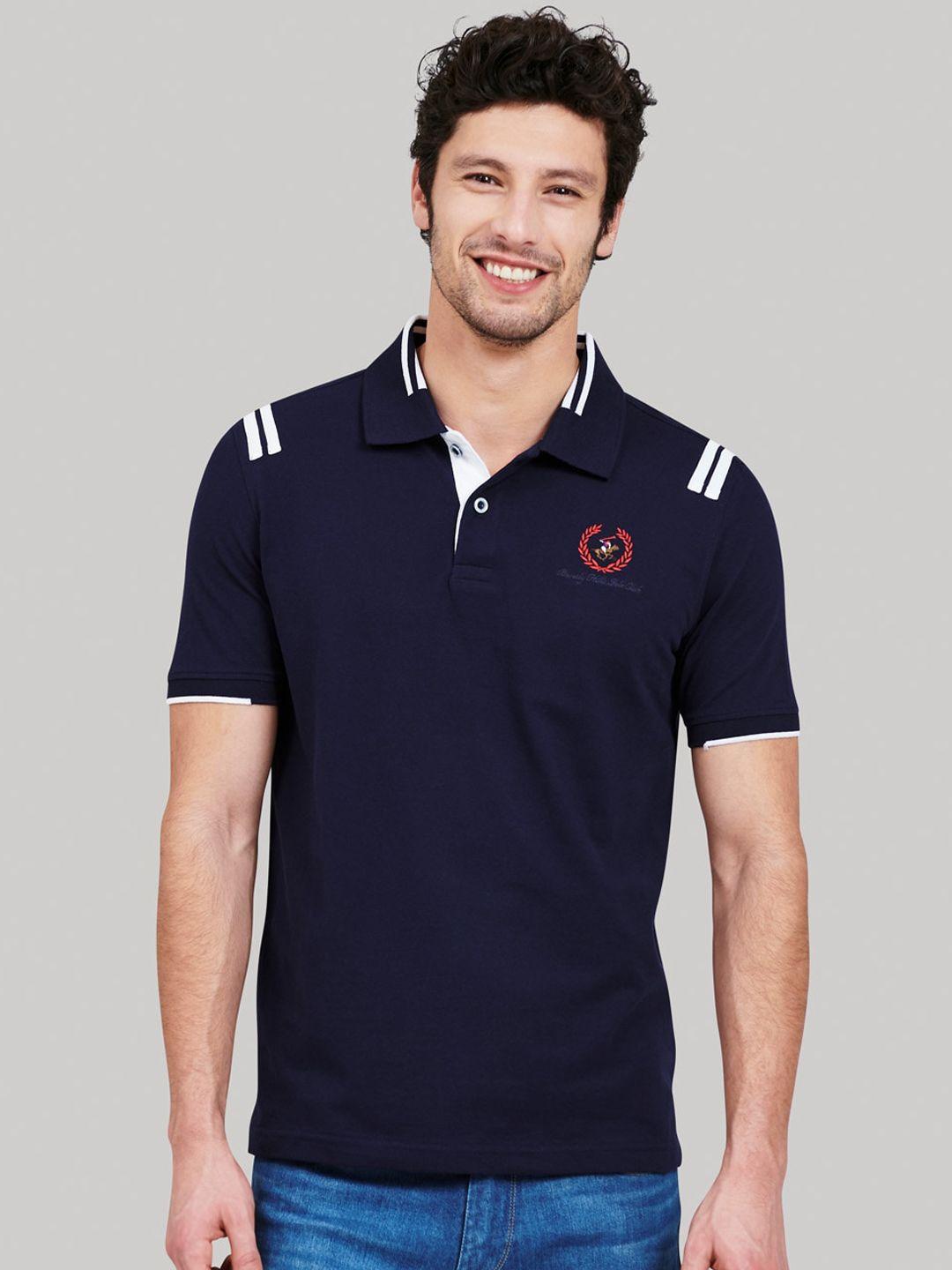 beverly hills polo club men navy blue solid polo collar t-shirt