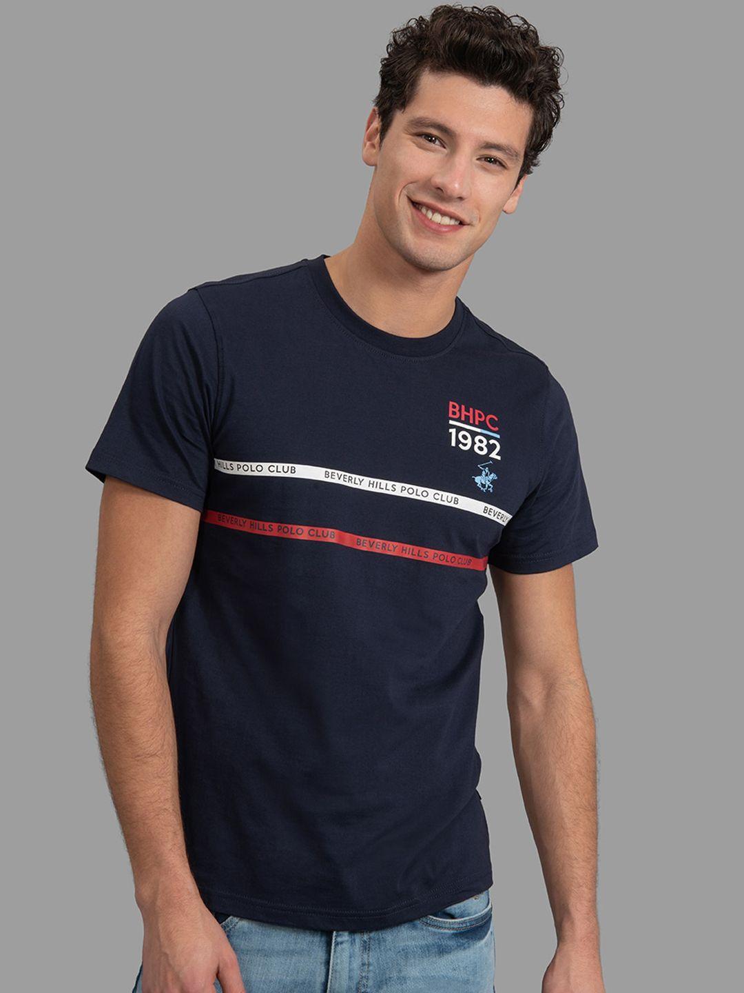 beverly hills polo club men navy blue striped round neck t-shirt