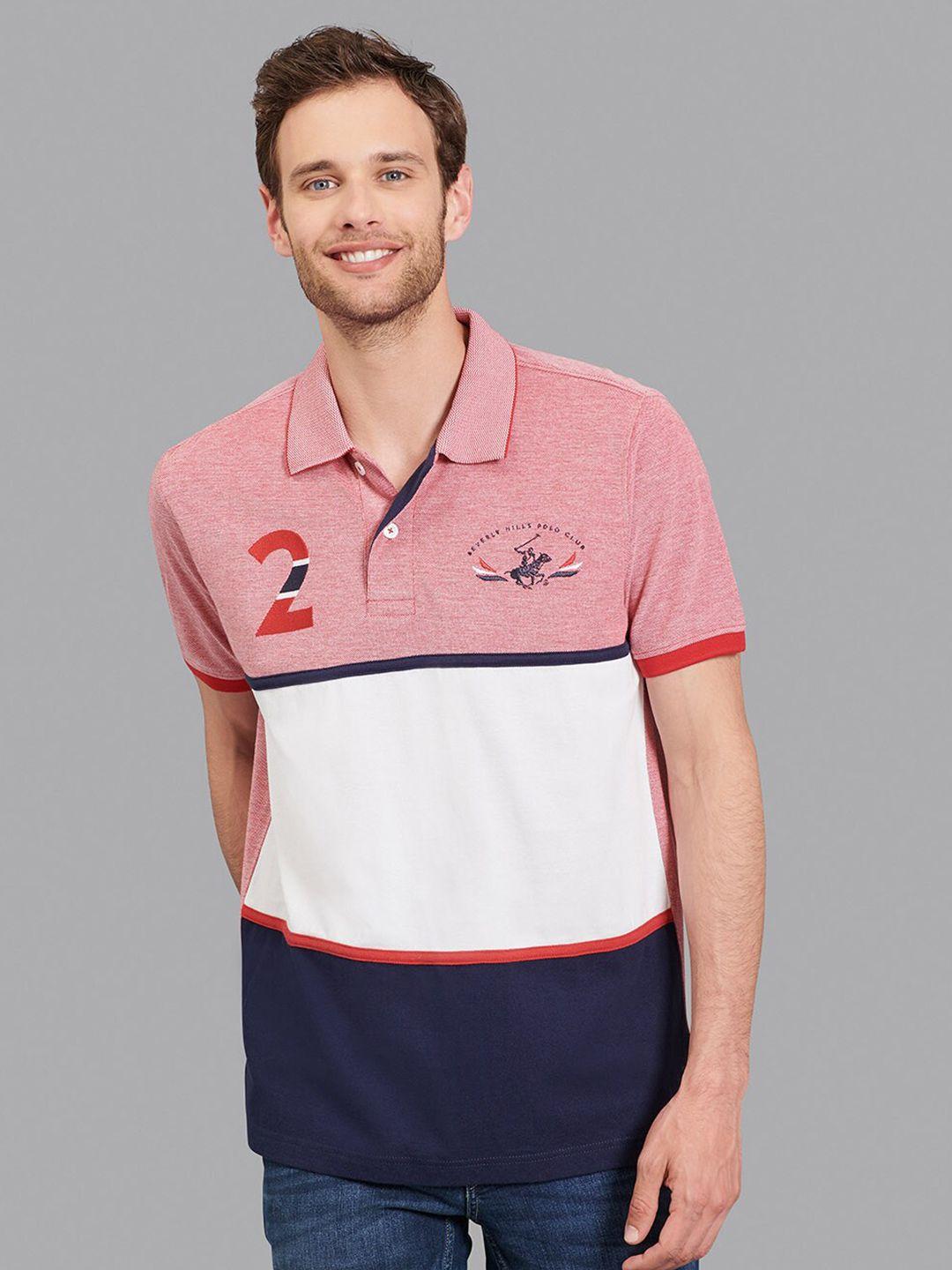 beverly hills polo club men red & white colourblocked polo collar t-shirt