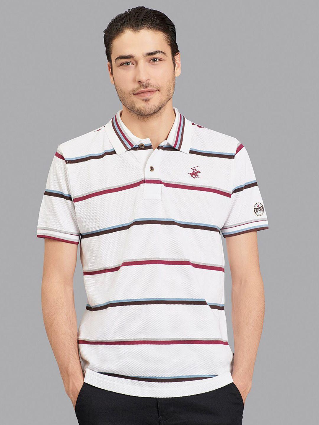 beverly hills polo club men white & maroon striped polo collar t-shirt
