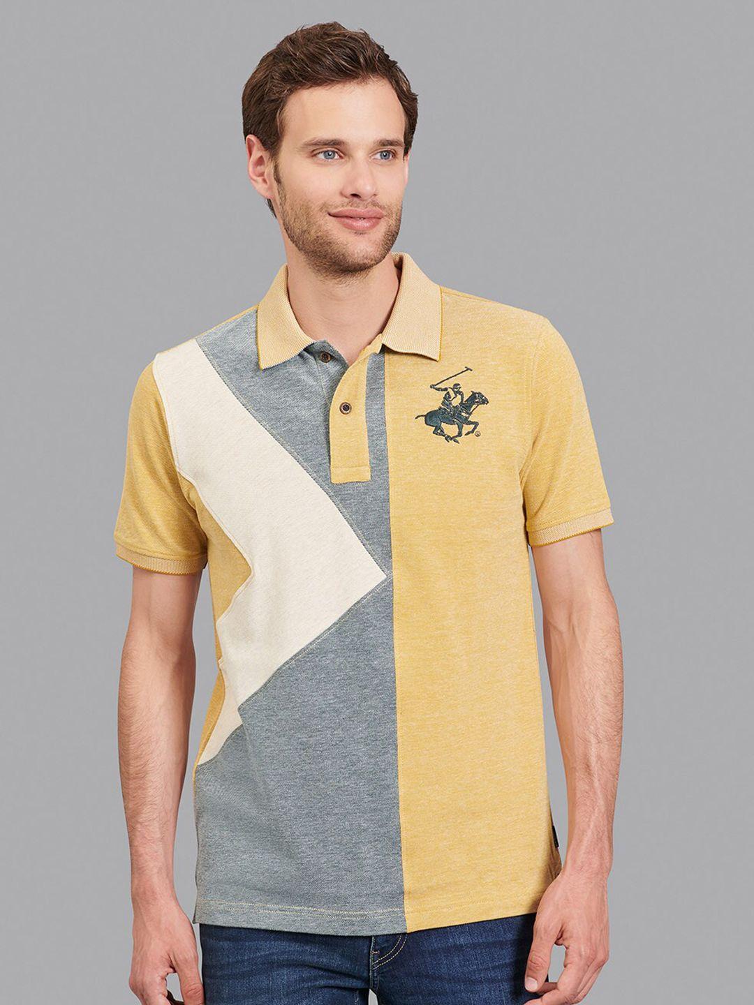 beverly hills polo club men yellow & grey colourblocked polo collar t-shirt