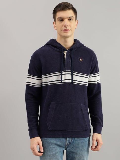 beverly hills polo club navy regular fit striped pure cotton hooded sweatshirt