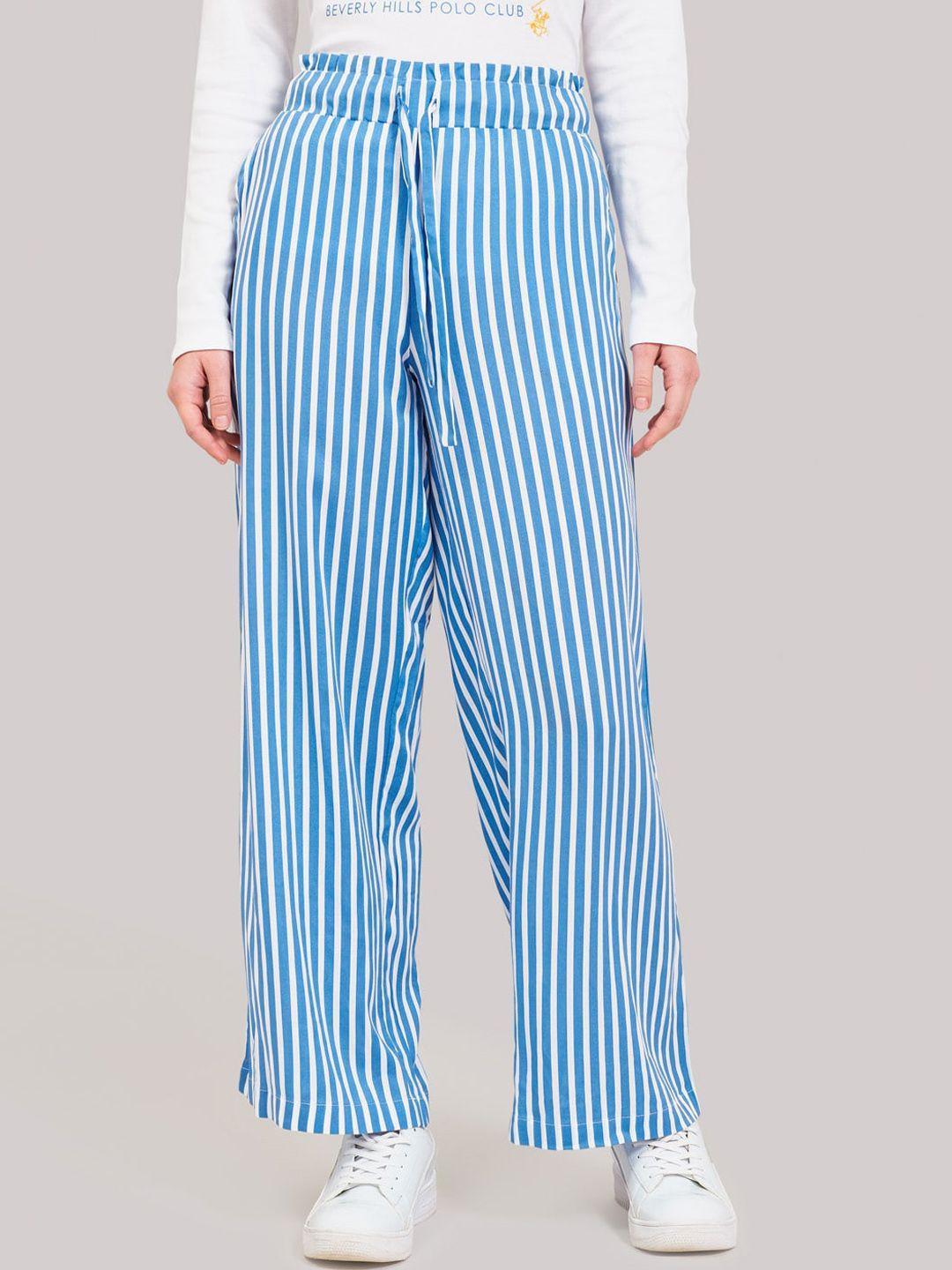 beverly hills polo club women blue & white regular fit striped parallel trousers
