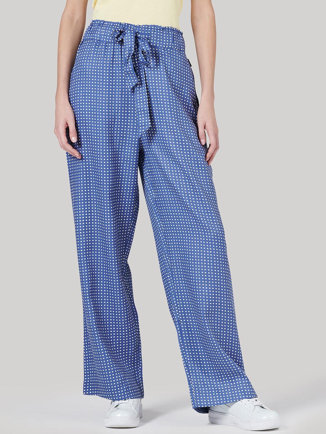 beverly hills polo club women blue regular fit printed parallel trousers
