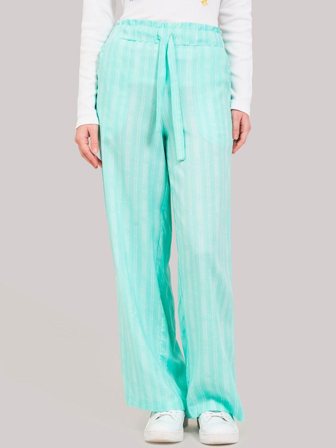 beverly hills polo club women green regular fit striped parallel trousers