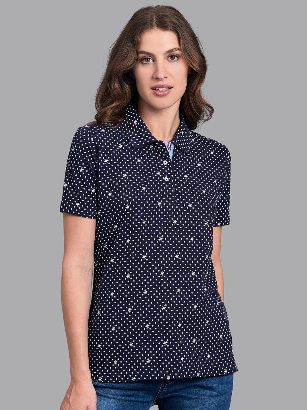 beverly hills polo club women navy blue polka dot print polo collar t-shirt