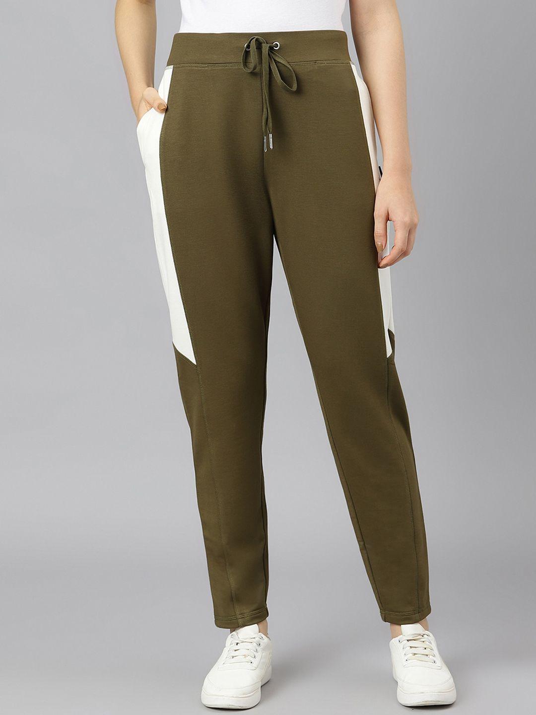 beverly hills polo club women olive green & white colourblocked regular fit track pants