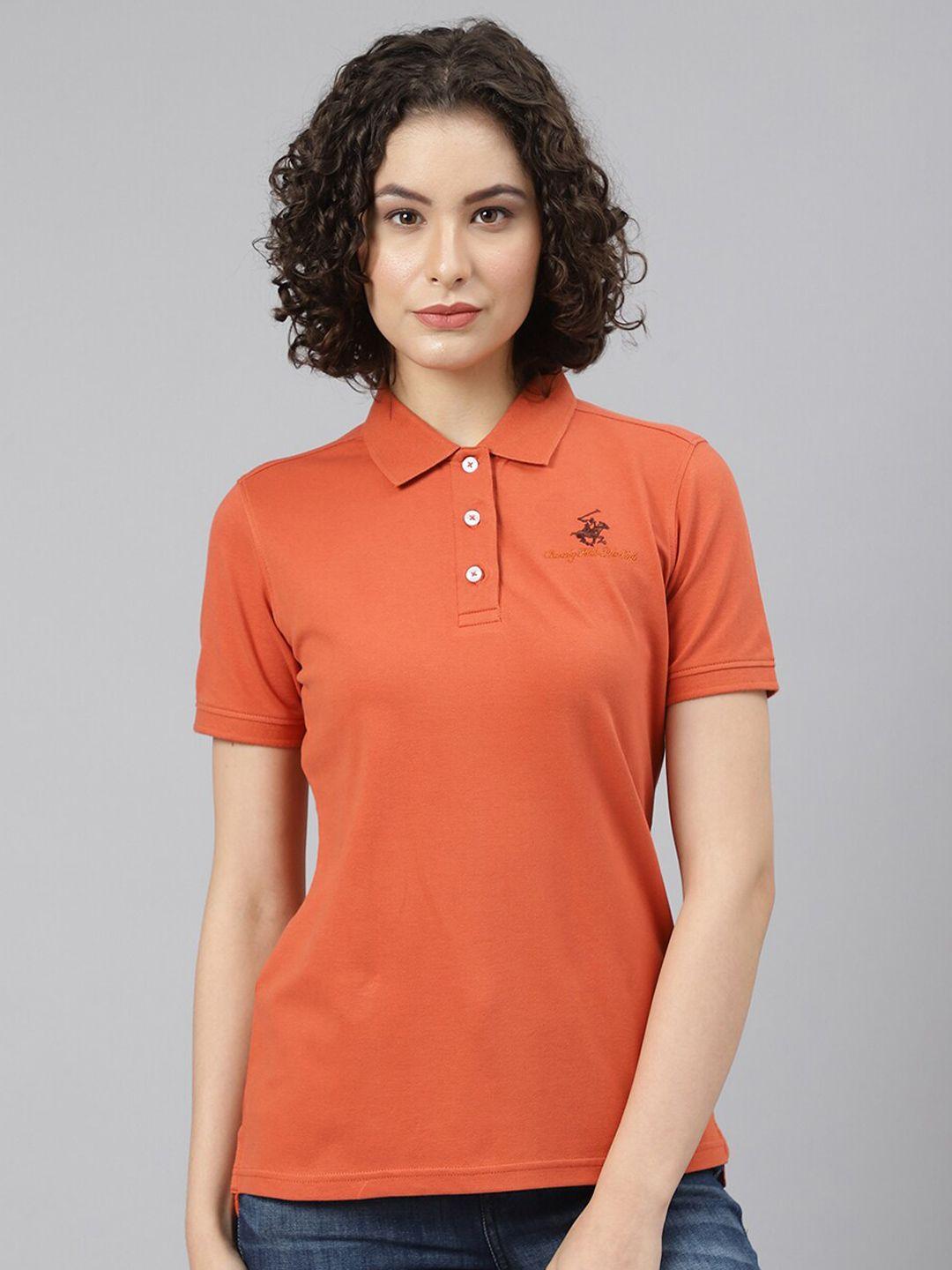 beverly hills polo club women orange solid cotton polo collar t-shirt