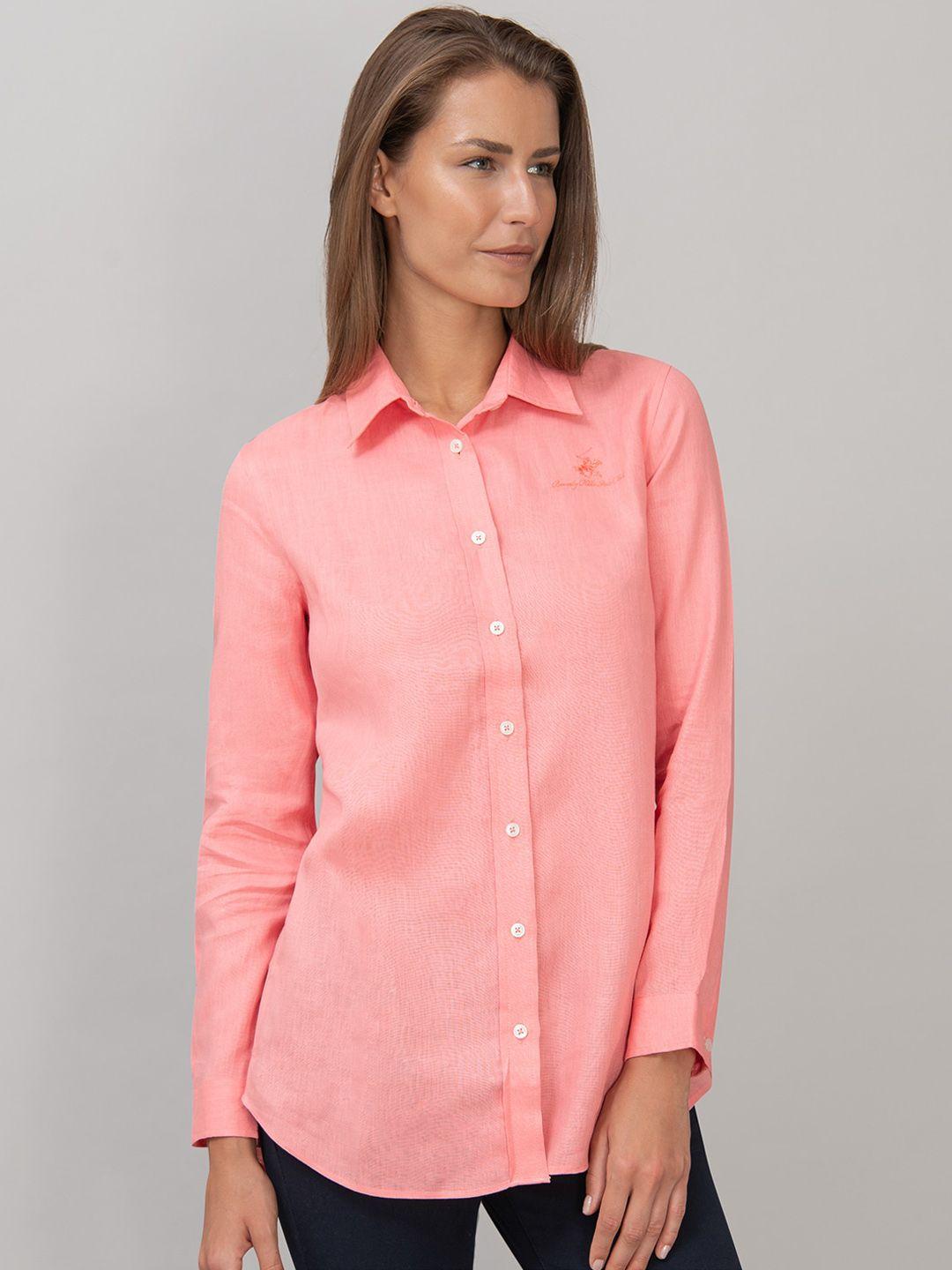 beverly hills polo club women peach-coloured regular fit solid linen casual shirt