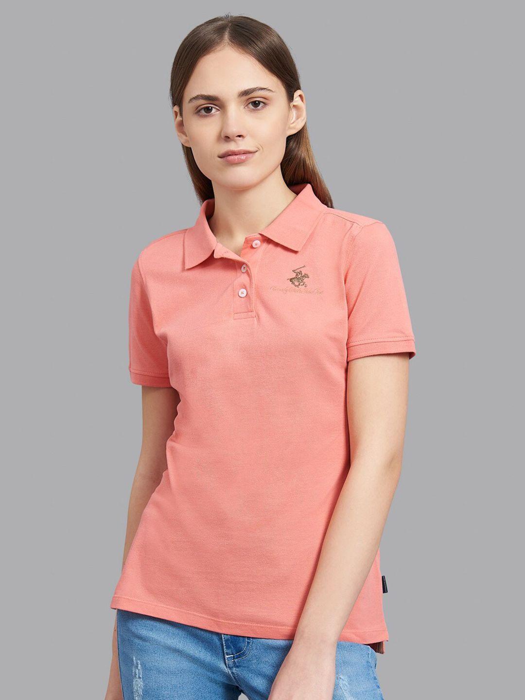 beverly hills polo club women peach pink solid polo collar slim fit knitted t-shirt