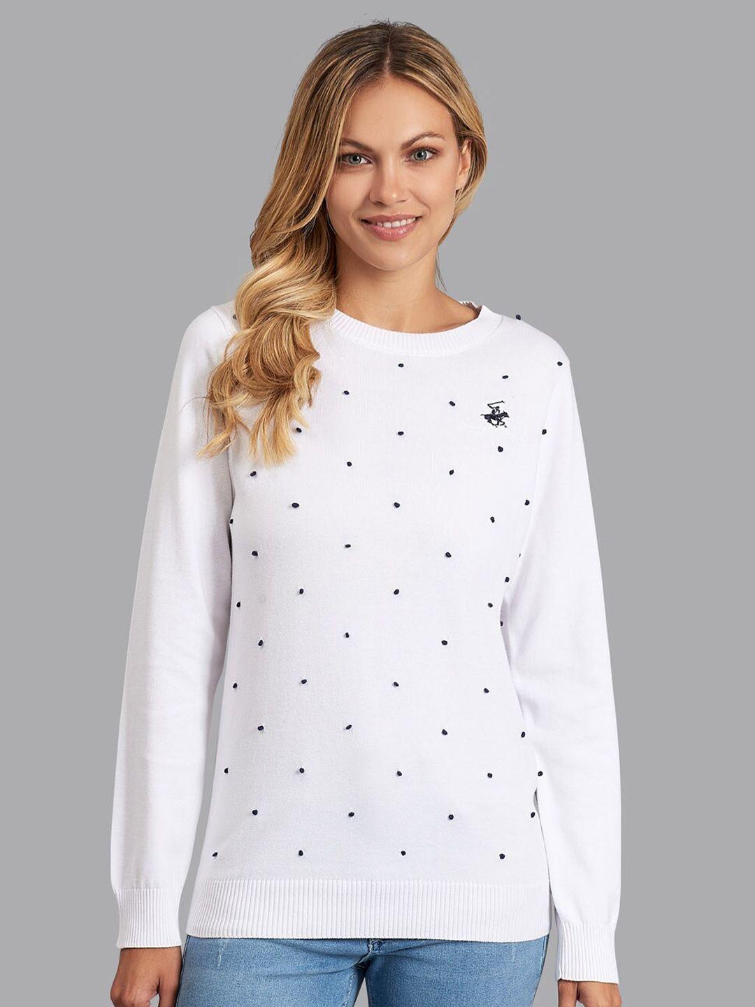 beverly hills polo club women white & navy blue embroidered cotton pullover