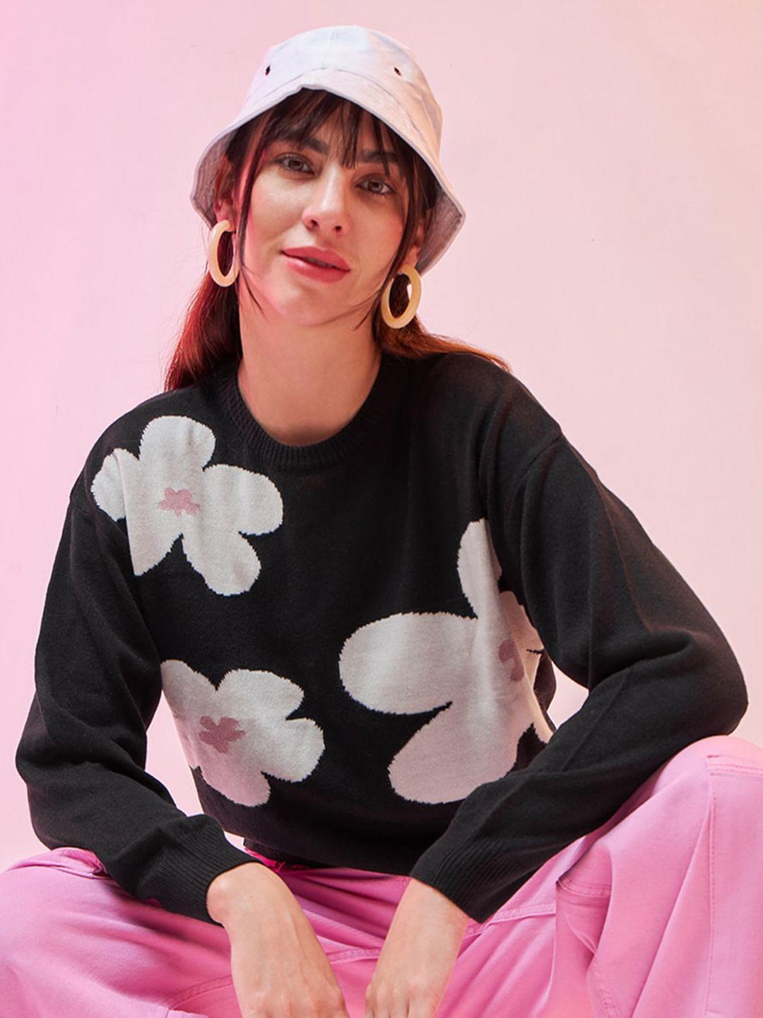 bewakoof black floral printed pullover acrylic sweater