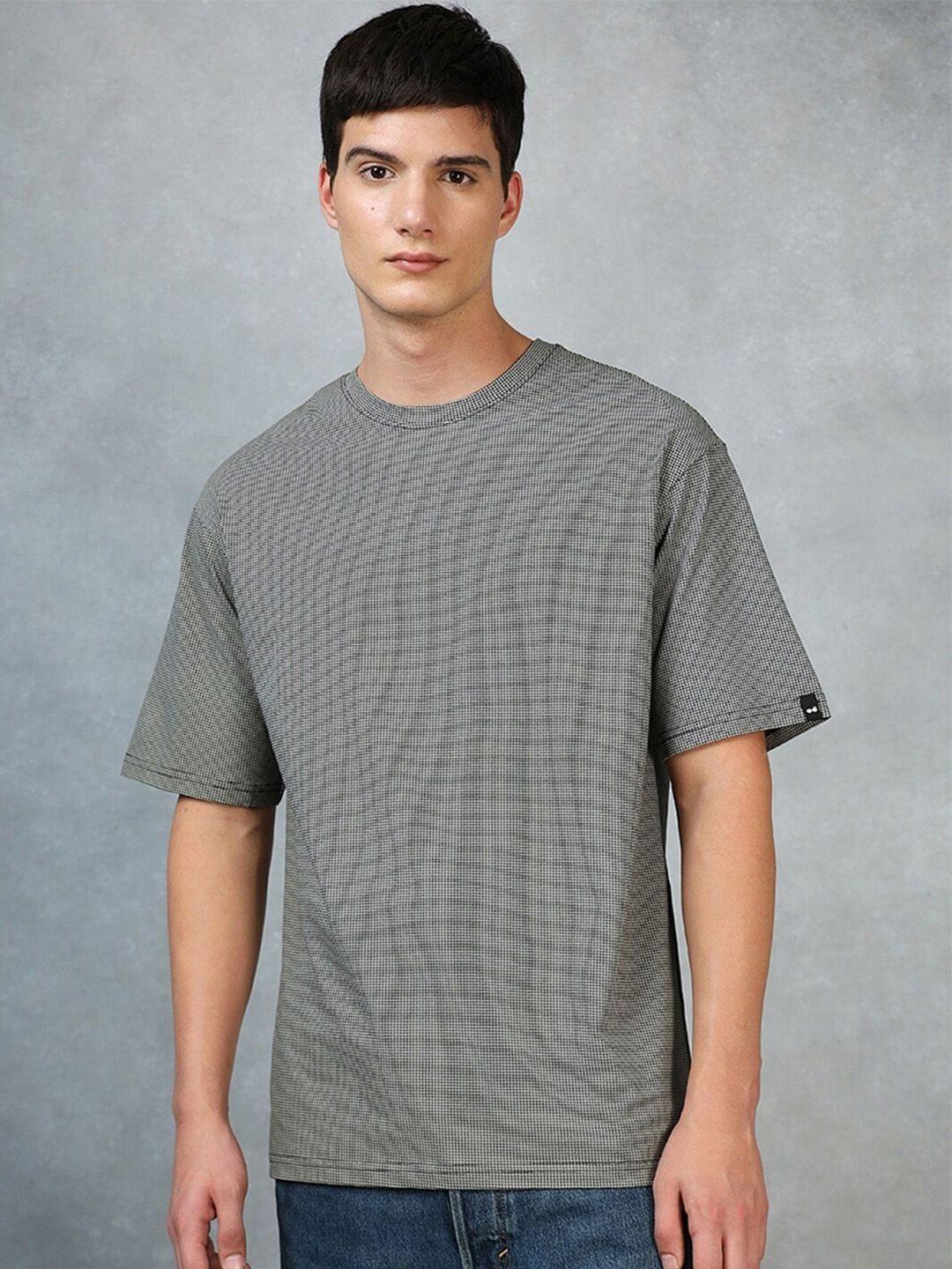 bewakoof black micro ditsy printed drop-shoulder sleeves pure cotton oversized t-shirt