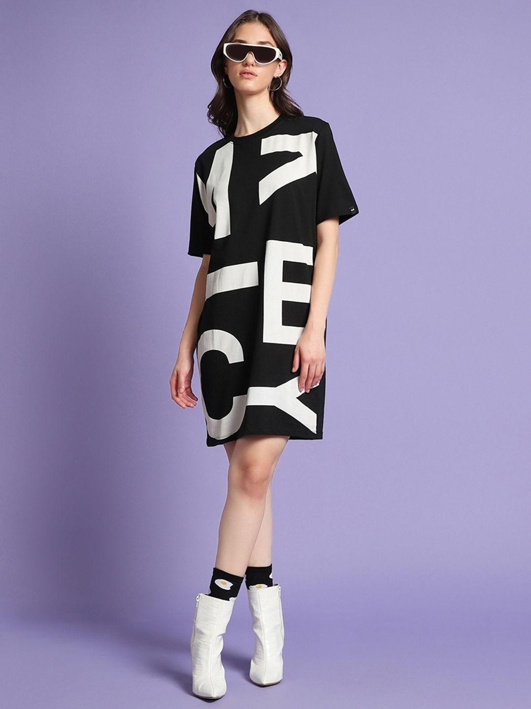 bewakoof black typography printed short sleeves pure cotton oversized t-shirt dress