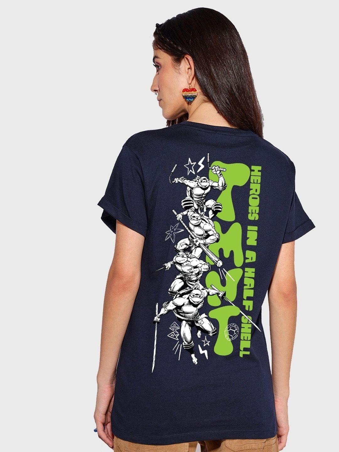 bewakoof blue mutant ninja turtles printed round neck pure cotton oversized t-shirt