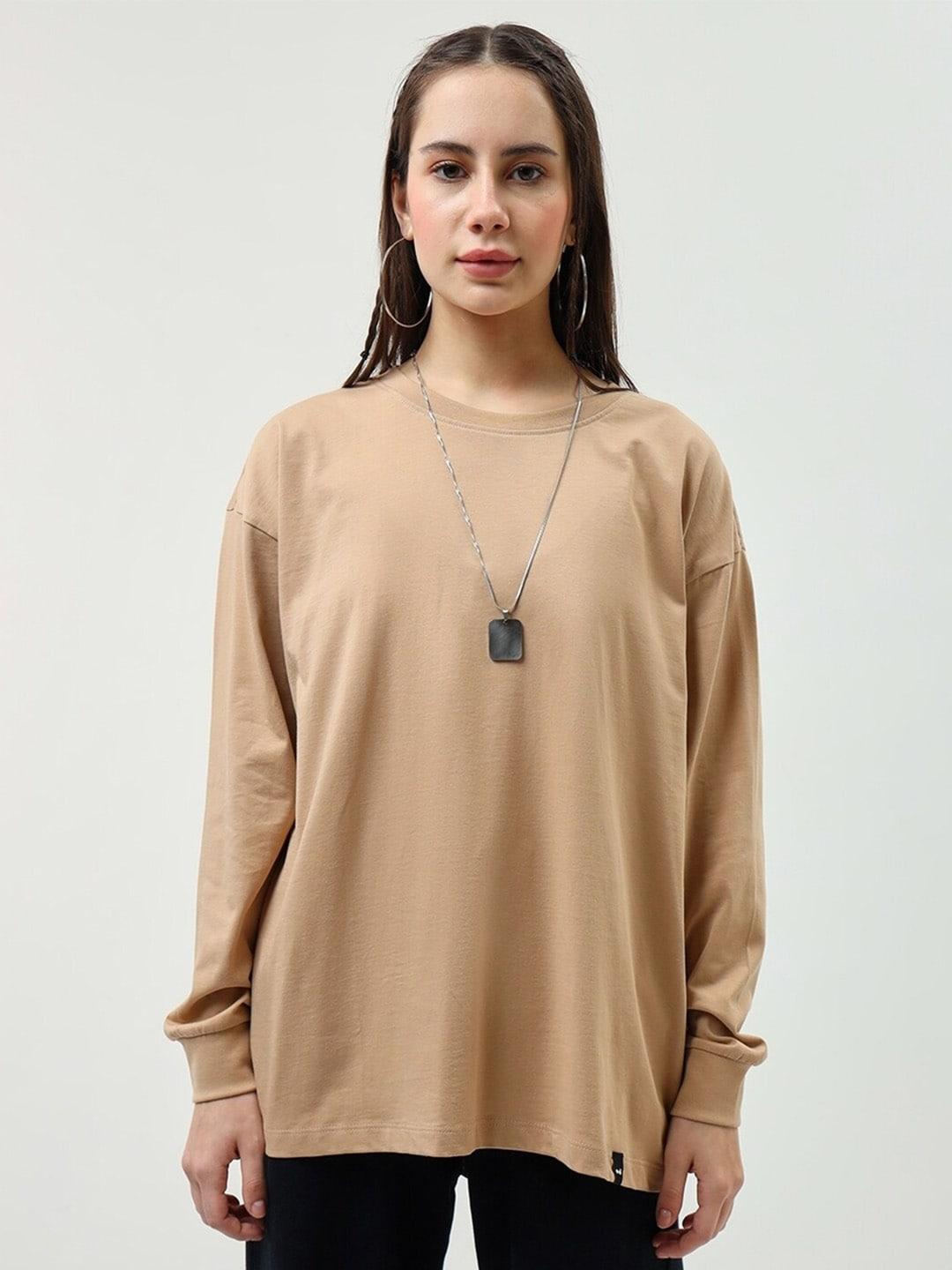 bewakoof brown round neck long sleeves cotton oversized t-shirt