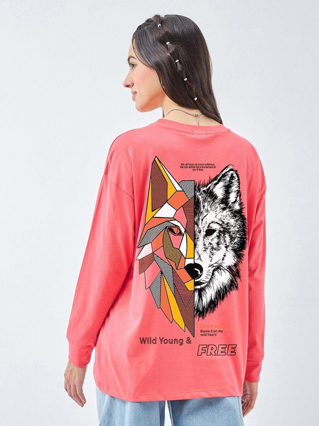 bewakoof deep sea coral beast printed drop-shoulder sleeves oversized pure cotton t-shirt