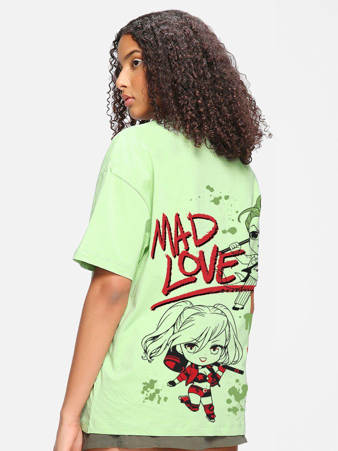 bewakoof green mad love graphic printed oversized t-shirt