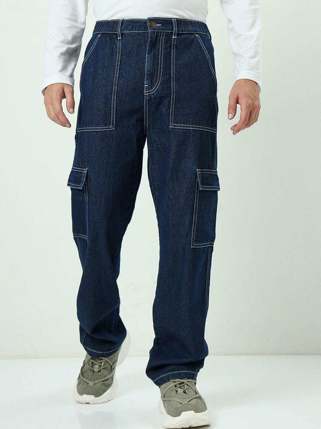 bewakoof men baggy fit high-rise clean look cotton cargo jeans