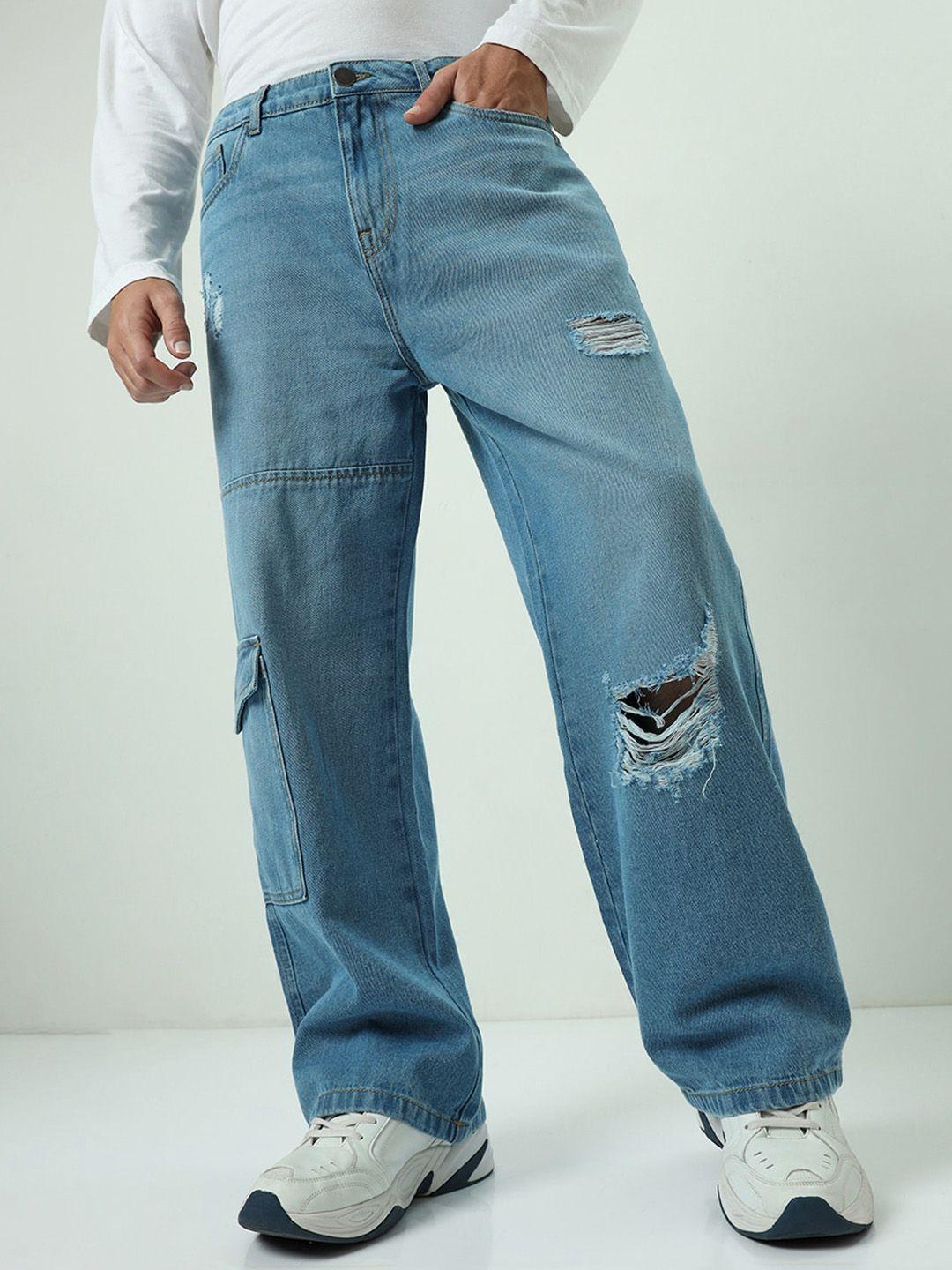 bewakoof men baggy straight fit high-rise mildly distressed cotton carpenter jeans
