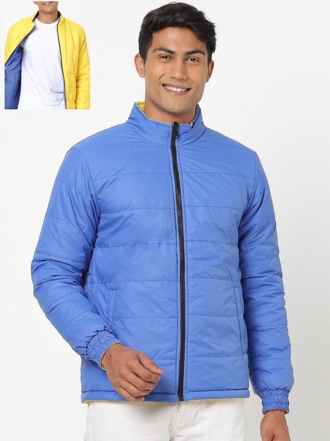 bewakoof men blue& yellow solid reversible padded jacket