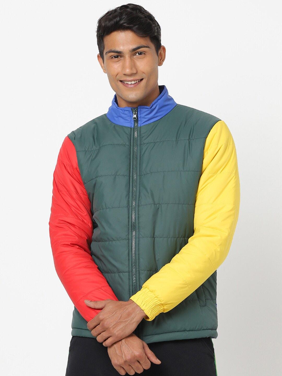 bewakoof men green & yellow colourblocked puffer jacket
