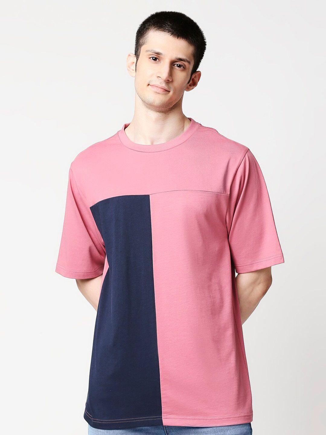 bewakoof men pink & blue colourblocked t-shirt