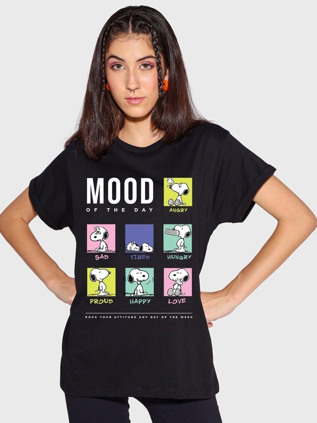 bewakoof peanuts snoopy moods typography printed relaxed boyfriend fit cotton t-shirt