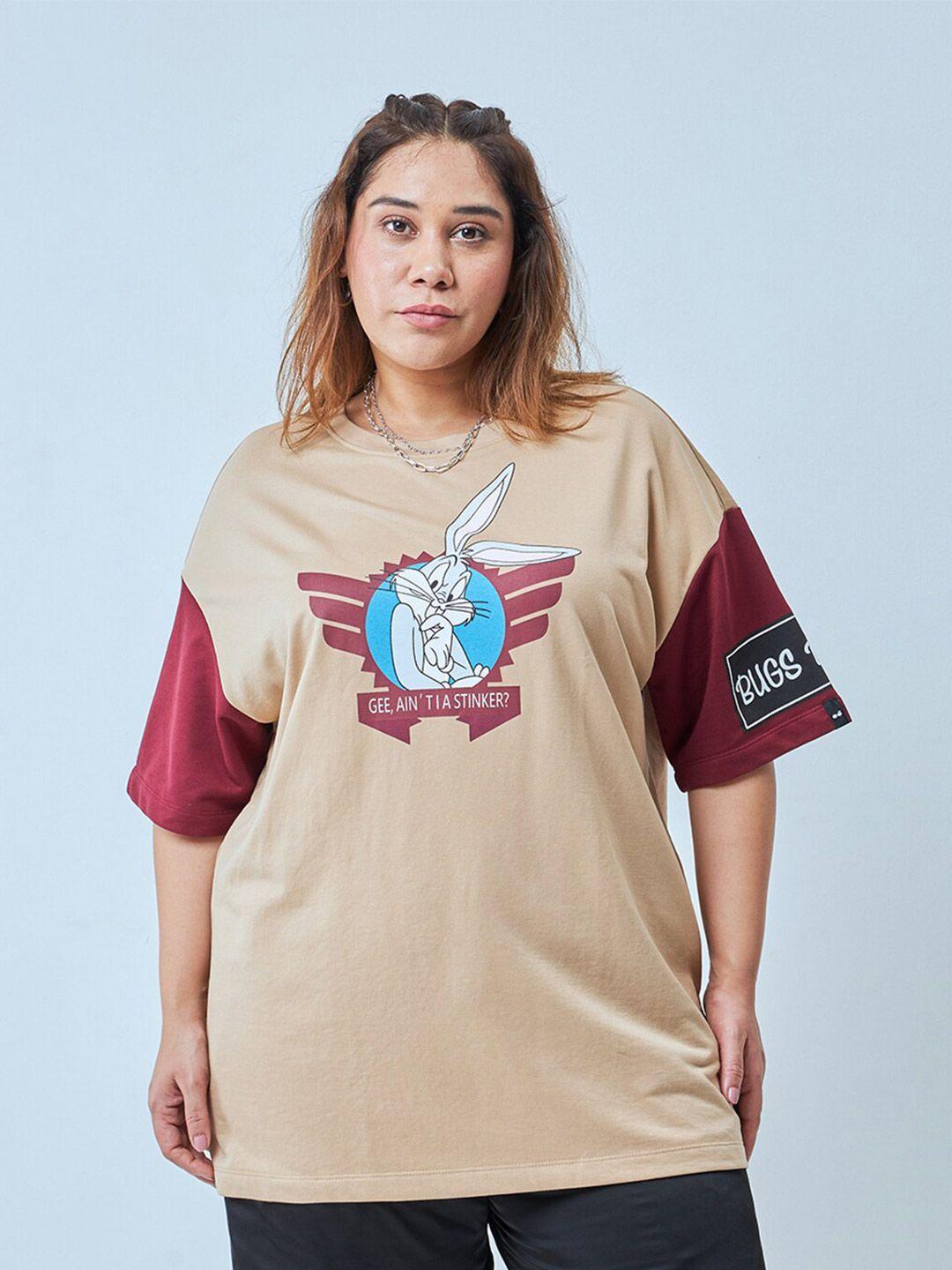 bewakoof plus women brown printed t-shirt