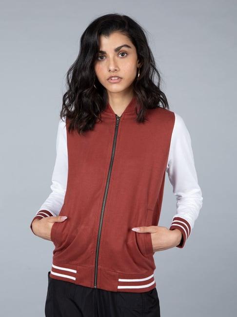 bewakoof red fleece varsity jacket