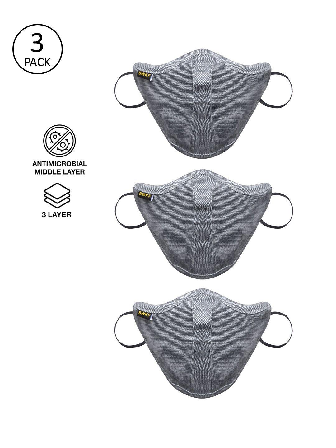 bewakoof unisex pack of 3 grey solid 3-ply reusable cotton protective outdoor masks