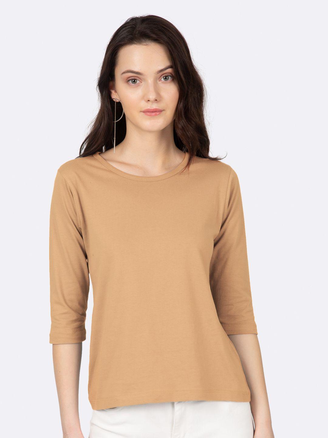 bewakoof women brown solid boat neck cotton t-shirt