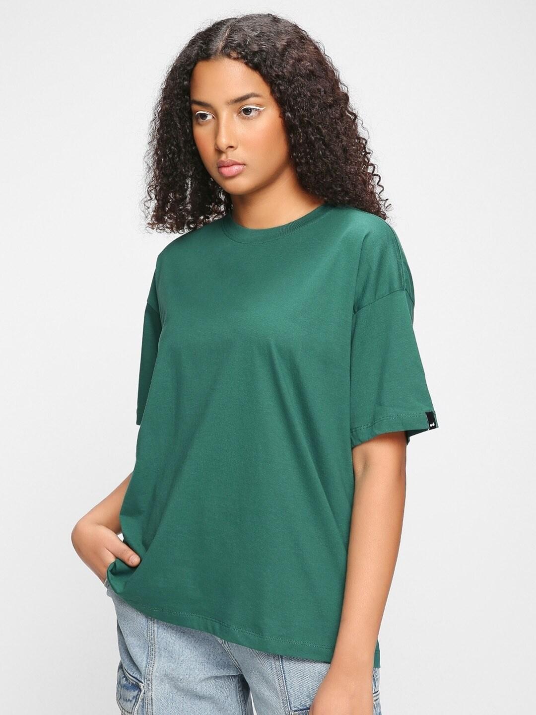 bewakoof women green drop-shoulder sleeves cottont-shirt