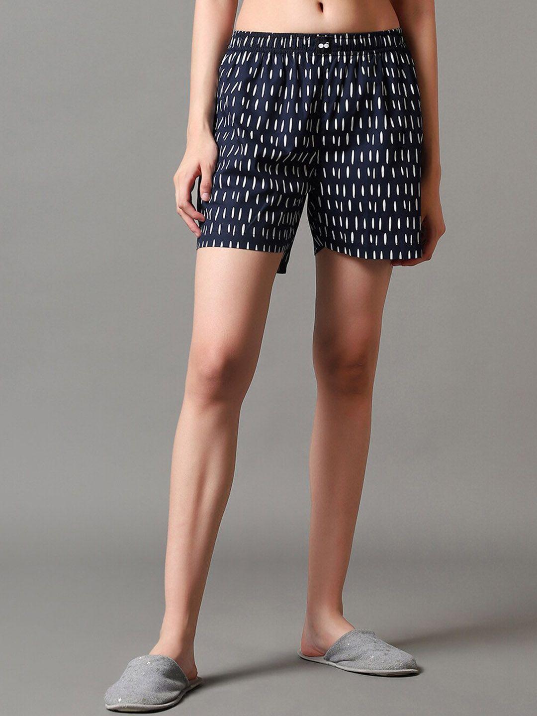 bewakoof women navy blue mid rise abstract printed cotton lounge shorts