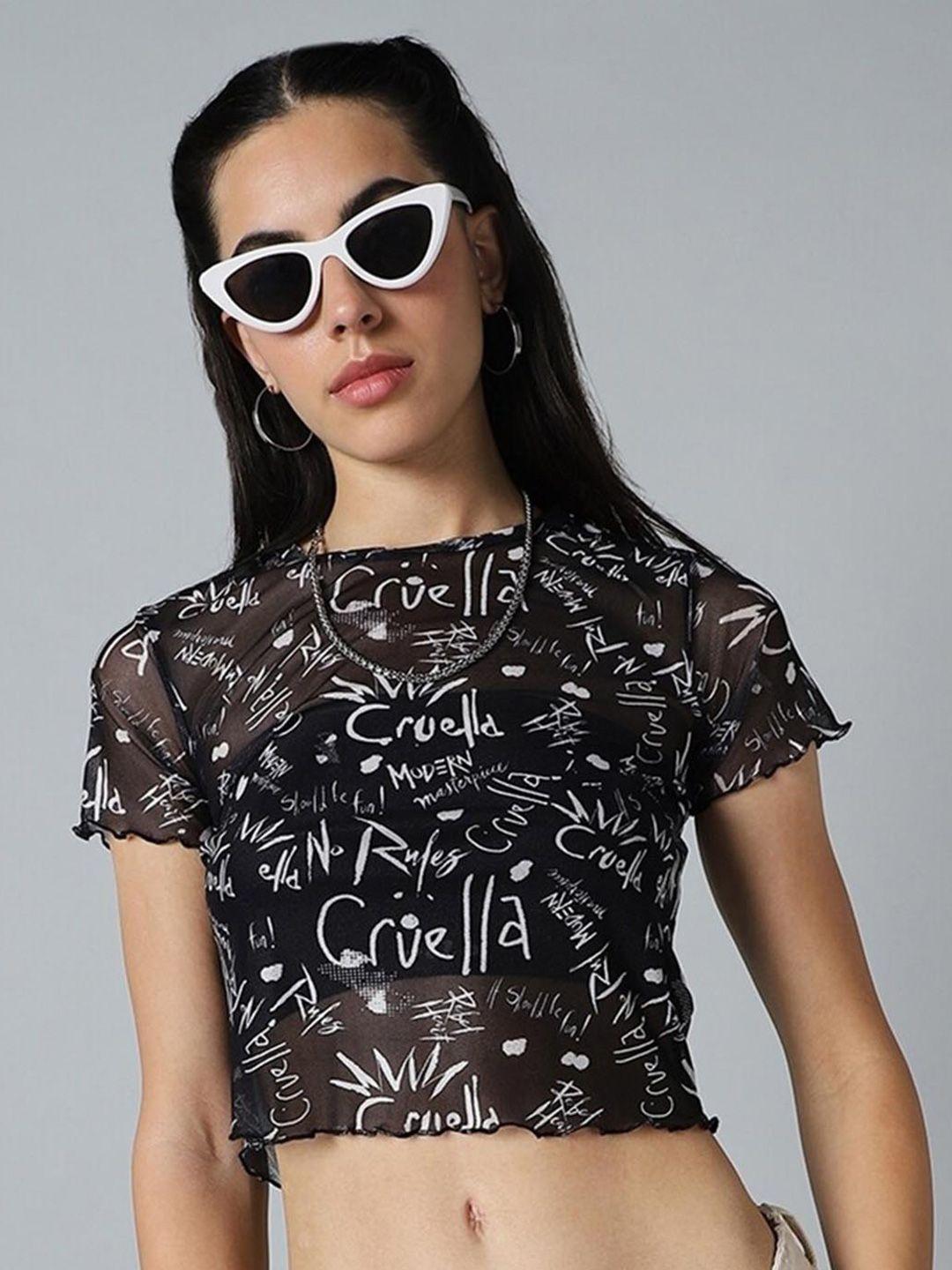 bewakoof air typography printed sheer crop top