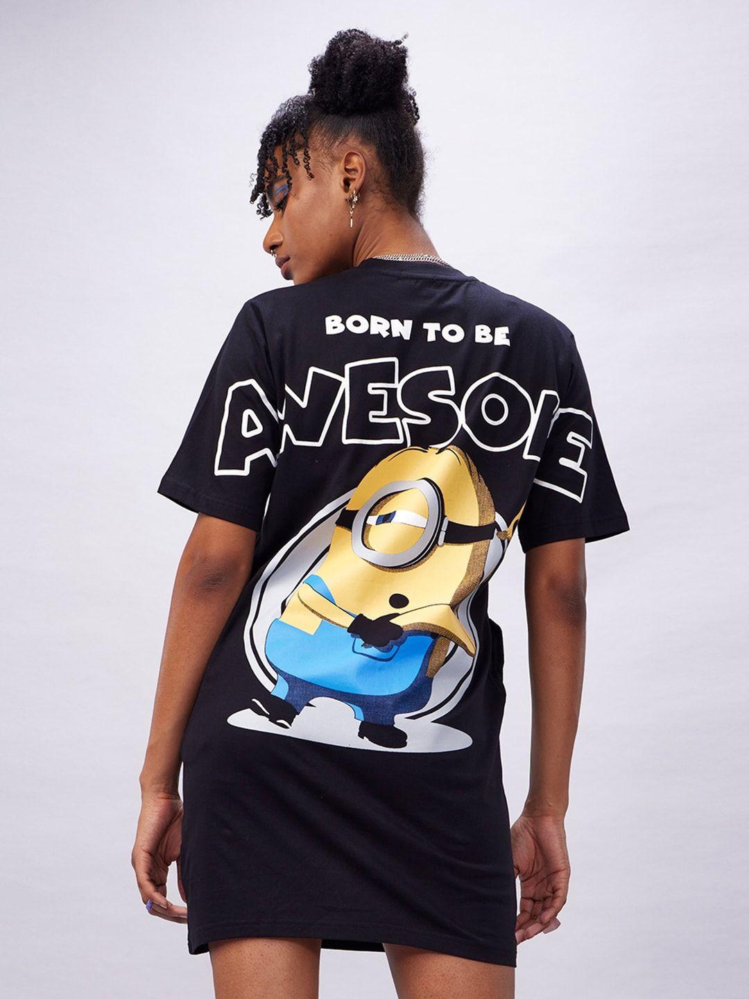 bewakoof black minions printed cotton t-shirt dress