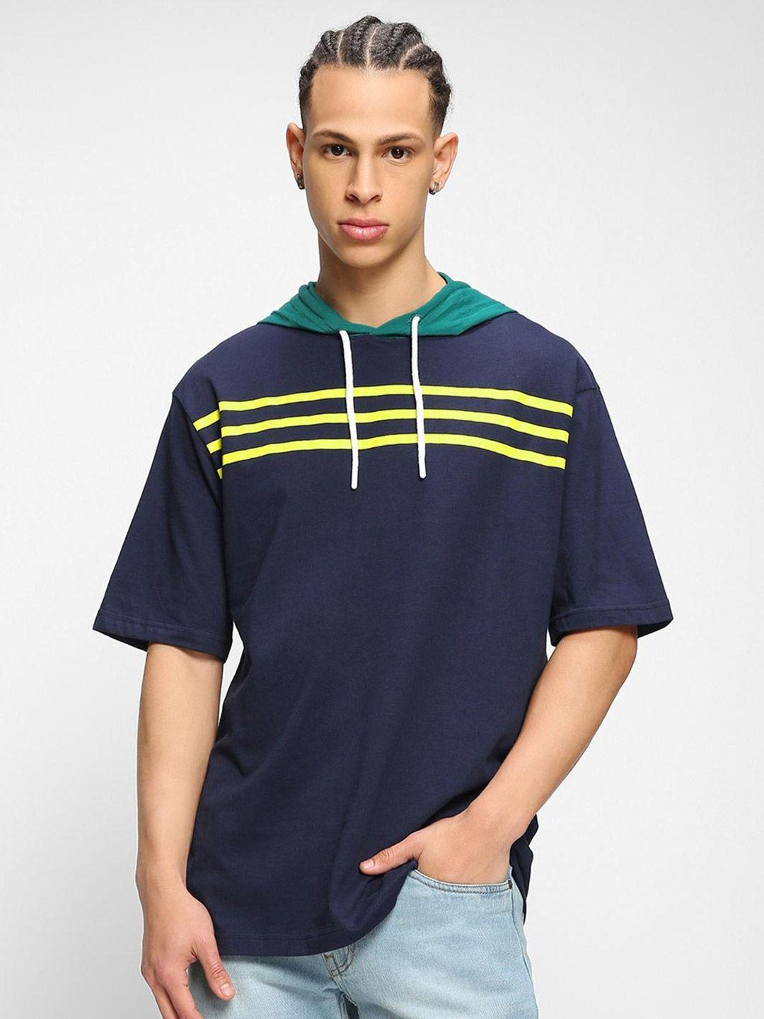 bewakoof blue & green striped hooded drop-shoulder sleeves oversized cotton t-shirt