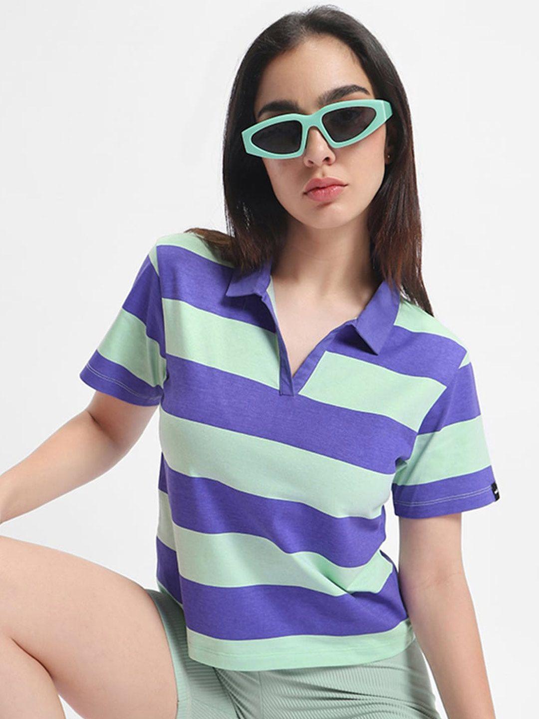 bewakoof blue & green striped polo collar pure cotton t-shirt