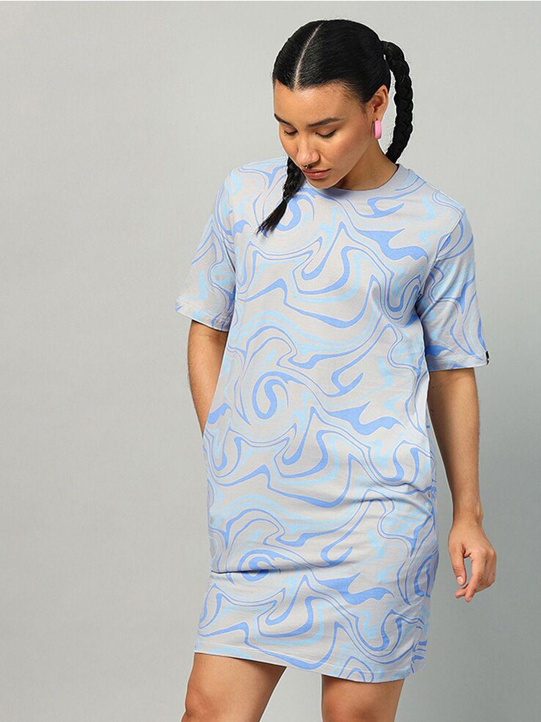 bewakoof blue abstract printed round neck cotton t-shirt dress