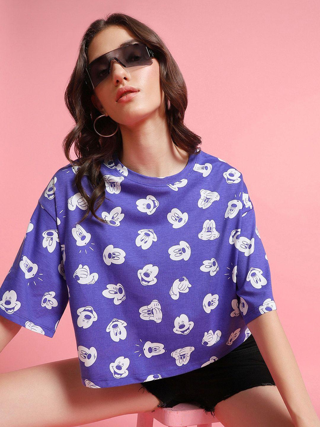 bewakoof blue and white conversational printed drop shoulder sleeves cotton crop boxy top