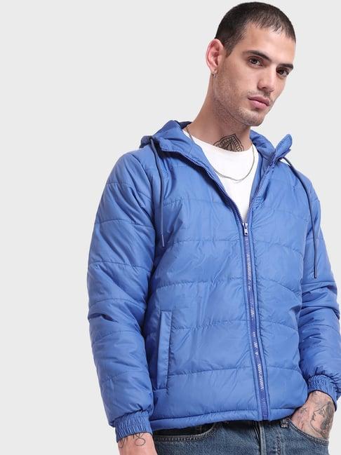 bewakoof blue regular fit quilted hooded jacket