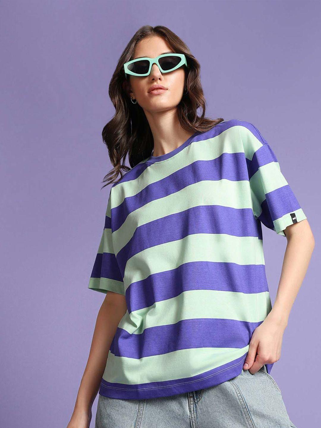 bewakoof blue striped round neck drop-shoulder sleeves pure cotton oversized t-shirt