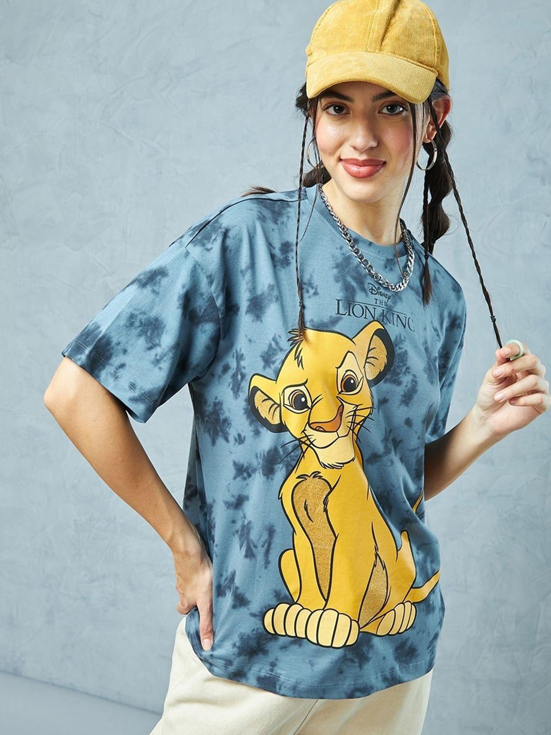 bewakoof blue the lion king printed drop-shoulder sleeves pure cotton oversized t-shirt