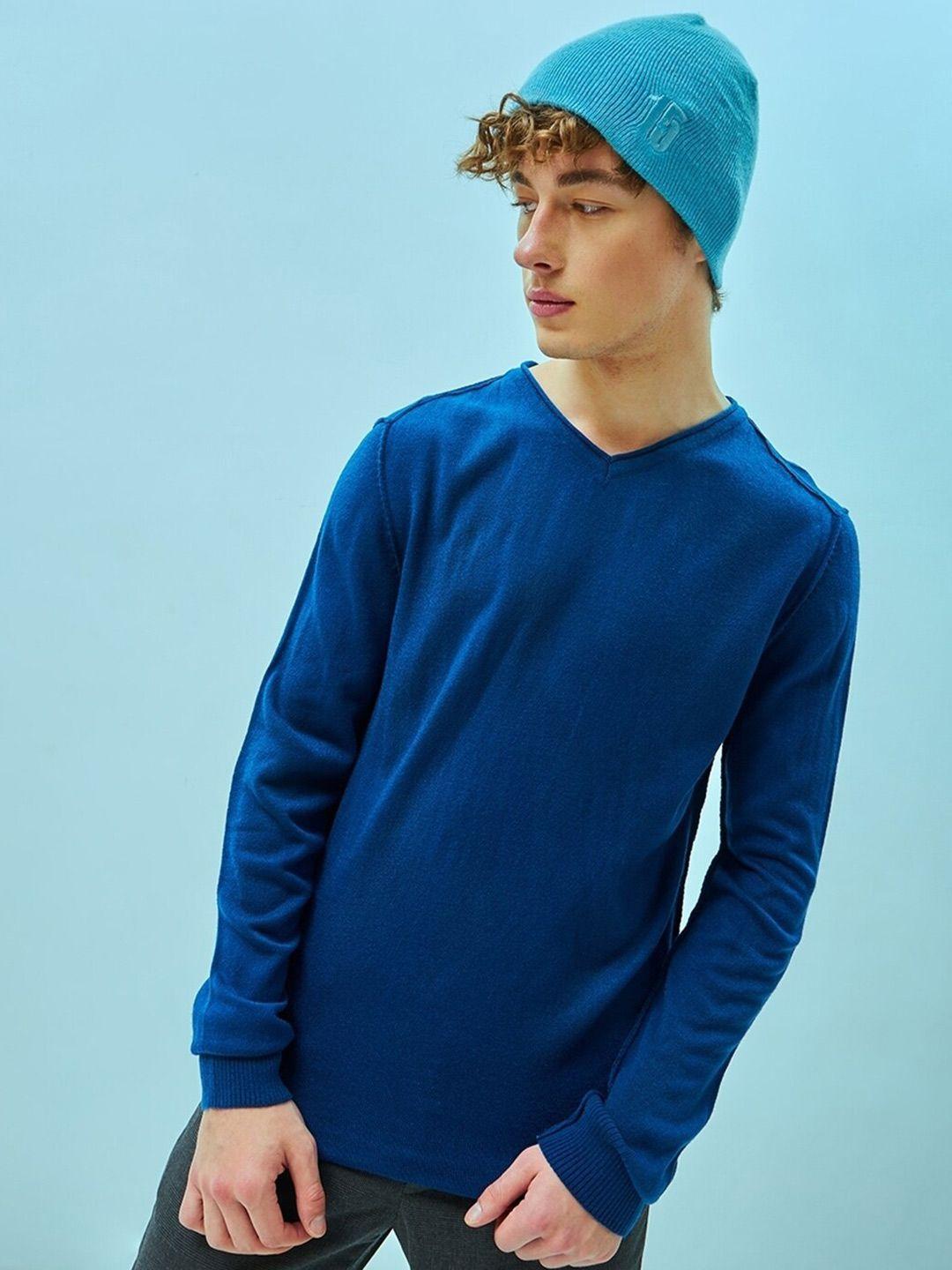 bewakoof blue v-neck long sleeves acrylic flat knit pullover sweater