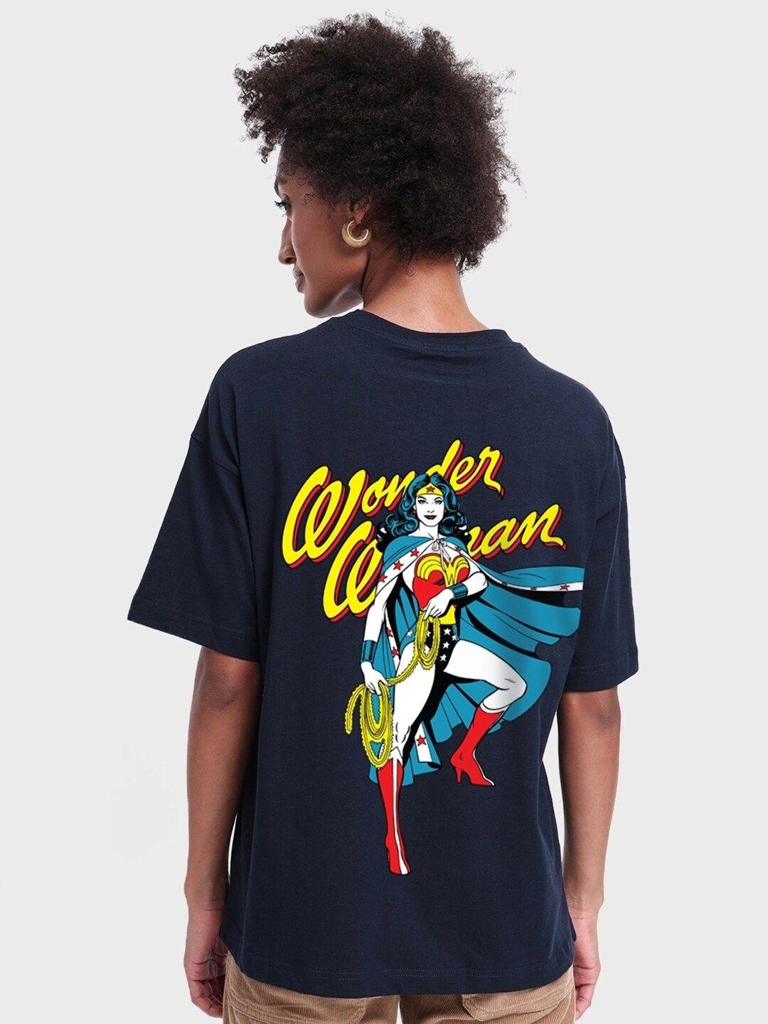 bewakoof blue wonder woman graphic printed oversized t-shirt